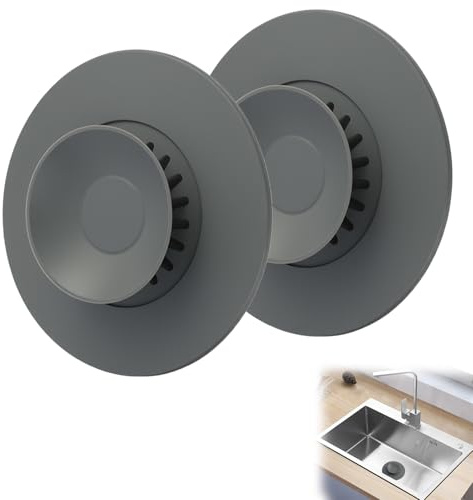 LUCTHY 2 Pcs Silicone Bath Plug Hair Catcher, Universal Bathtub Stopper | 2-piece tub drain cover stopper and hair catcher. Universal fit for bathtub, basin, kitchen sink. Press-down design. Grey