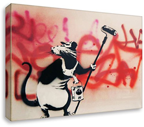 Kunstdruck auf Leinwand - Banksy Graffiti Maler Ratte Gemälde Streetart Pop Art Wohnzimmerbild Küchenbild Praxisbild fertig zum aufhängen (50x70 cm)