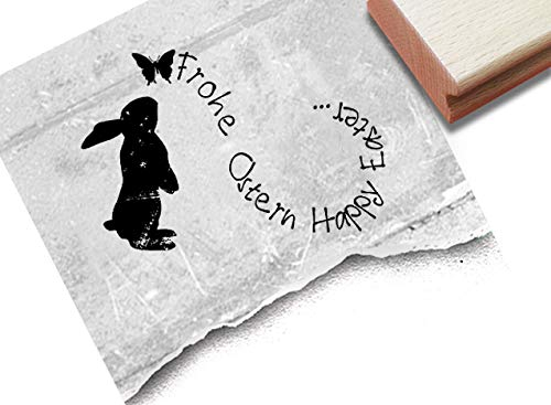 Stempel Osterstempel FROHE OSTERN HAPPY EASTER Osterhase mit Schmetterling - Textstempel Karten Geschenkanhänger Geschenk Osterdeko - zAcheR-fineT