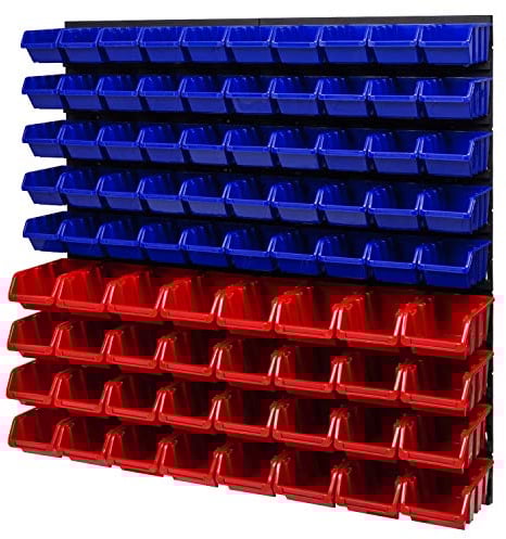 Stapelboxen Wandregal 772 x 780 mm - Lagersystem Sichtlagerkästen Schüttenregal - Wandplatten 82 Stück Blau/Rot Boxen