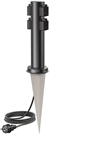 ledscom.de Garten-Steckdosen-Säule PORU mit Erdspieß und 2m Kabel für außen, 4-Fach, Edelstahl, schwarz, rund, 38cm