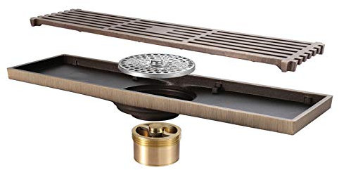 Caniveau de Douche Bronze Drain de Plancher Laiton Rectangulaire Siphon de Sol Anti-Odeur Drain De Douche pour WC Salle de Bain Cuisine (300mm × 82mm)