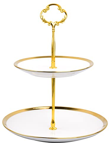 Soporte para Tartas, 2 Pisos Bandejas para Tartas, Plato de Frutos Postre de Ceramica, Desmontable Soporte para Cupcakes, Bandeja de Postre, Estables Puesto de Servicio Boda Fiesta Tarde Party (Oro)