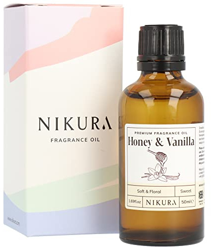 Nikura Honey & Vanilla Fragrance Oil - 50ml | for Gifts, Diffusers, Candle Making, Soap Making | Great for use in Bath Bombs, Perfume Oil, Perfume Scents | Vegan & UK Made