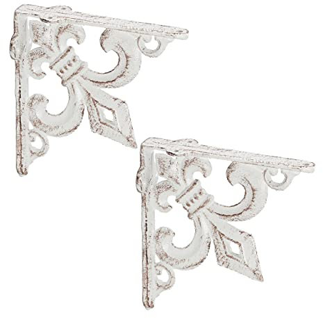 Relaxdays Équerre étagère Murale, Lot de 2, Ancien, Support en Fonte de Fer, avec Ornement lys, Vintage, Blanc