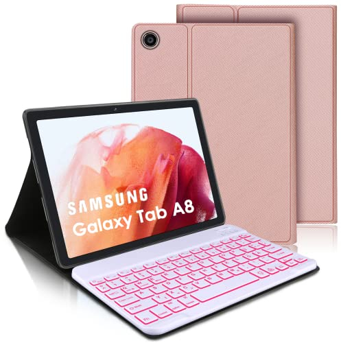 IVEOPPE Samsung Galaxy Tab A8 Hülle Mit Beleuchteter QWERTZ Tastatur - Kabellos für 10,5 Zoll, 2022 (SM-X200/X205/X207) - Rosé
