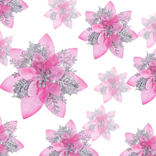 24 Glitzer Weihnachtsstern Blumen Künstliche Weihnachten Blumen Ornamente Hochzeit Blume Deko Weihnachtsbaumschmuck mit Clip für Geschenk, 6 Zoll, 4 Zoll, 3 Zoll (Rosa und Silber)