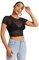 GORGLITTER Women's Sheer Mesh See Through Sexy Crop Top Short Sleeve Lettuce Trim Tee T Shirts Clubwear Black L