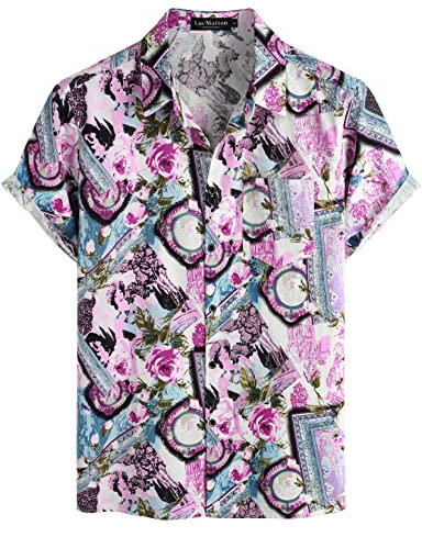 LucMatton Men's Casual Linen Breathable Short Sleeve Button up Shirt Summer Rose Floral Hawaiian Beach Tops Pink XX-Large