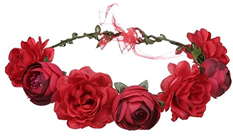 YSTrillion Boho Blumenkrone,Bridal Headpiece,Blumen Stirnband Haarband,Blumenkranz Krone Stirnband,Frauen Mädchen Braut Rosen Blumen(Rot)