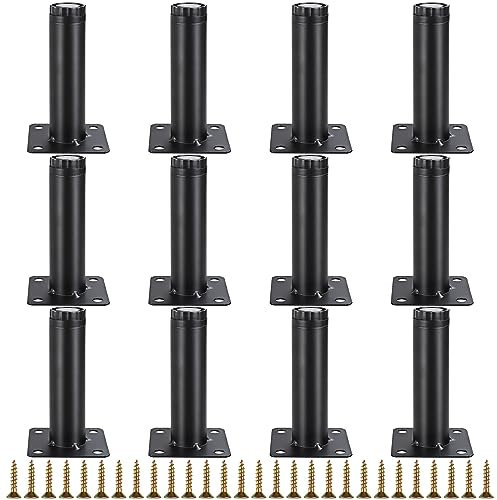 GOYADA Lot de 12 Pieds de Meuble Réglable 10 cm, Pieds de Meubles Ronds en Métal pour Meuble, Sofa, Canapé, Placard, Hauteur Réglable 0-10mm, avec 48 Vis