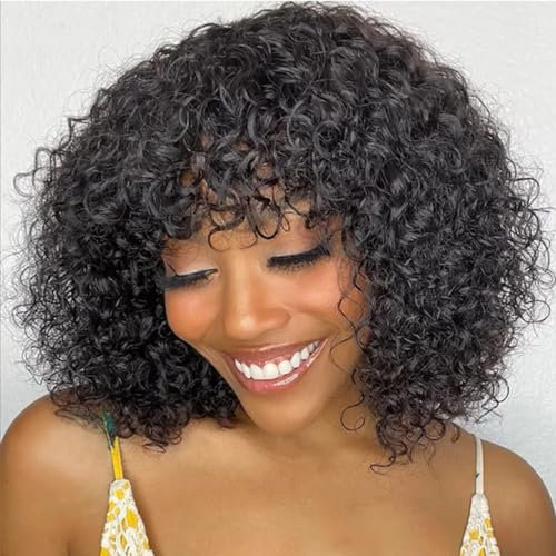 Rebecca Fashion Curly Bob Perücke mit Pony Echthaar 25 CM Short Curly Water Wave Bob Perücke Echthaarperücken für schwarze Frauen Kleberlose Perücke Naturfarbe