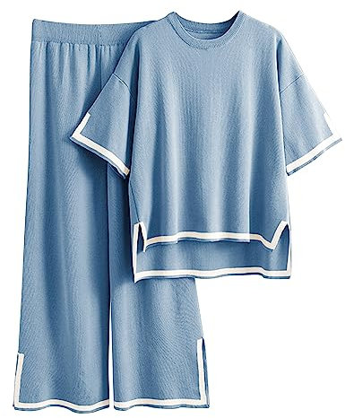 Faleave 2-teiliges Strickpullover-Set für Damen, kurzärmelig, Pullover, Tops, elastische Taille, weites Bein, Hose, Lounge-Set, Blau, S