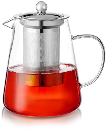 PluieSoleil Clear Glass Teapot with Infuser, Round Shape Infuser Tea Pot, Heat-Resistant Borosilicate Glass Strainer Teapot, Stovetop Safe Tea Maker 1400ML