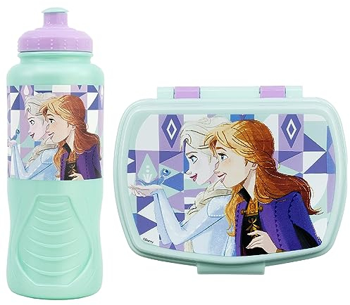 CARTOON Set pranzo per bambini 2 pezzi Frozen Disney, borraccia e portamerenda in plastica riutilizzabile senza BPA, bottiglia 430 ml e contenitore portapranzo