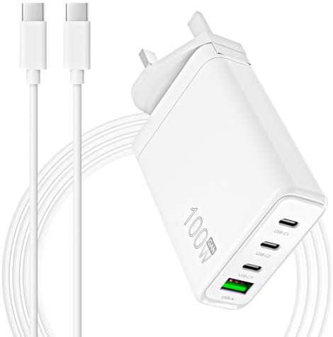 100W USB C Plug GaN Wall Charger 4-Port GaN Laptop Charger Compatible with MacBook Pro/Air, HP Laptop, Dell, Asus, Lenovo, Matebook, Galaxy S23 / S22