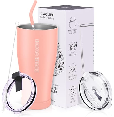 Aolieh Gobelet Isotherme à Double Paroi Sous Vide en Acier Inoxydable, Avec Couvercle et Paille, 850 ML, Réutilisable pour Boissons Chaudes et Froides, Smoothie Glacé, Sans BPA