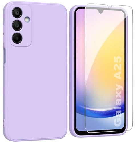 ARRYNN Custodia per Samsung Galaxy A25 5G (6,5) Cover + Pellicola Protettiva Vetro Temperato,Liquid Silicone TPU Case Cover per Samsung Galaxy A25 5G - Viola