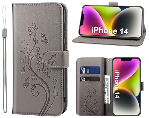 KRAFTCARE Handyhülle für iPhone 14 Hülle, für iPhone 14 Hülle mit Kartenfach Geld Slot Ständer Magnetic Closure, Flip Case Leder Schutzhülle Tasche Handyhülle für iPhone 14 Hülle, Grau