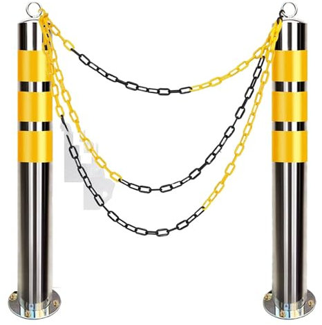 Poller-Parkbordstein für verkehrsempfindliche Bereiche, reflektierender Edelstahl-Sicherheitskegel mit 5 m Absperrkette, Sicherheitspfosten für Einfahrten (800 mm H x 89 mm T (31,5 Zoll H x 3,5 Zoll T