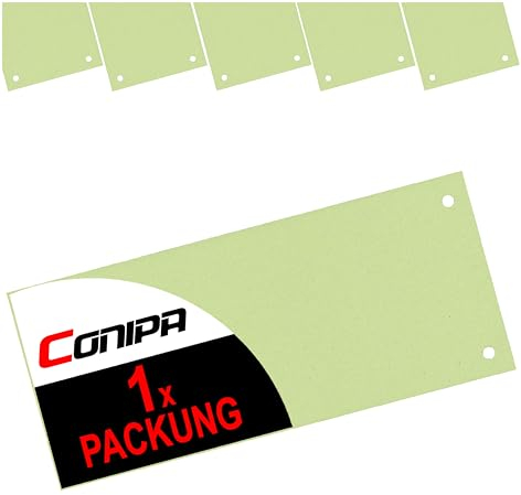 Conipa® - 100 Stück Trennstreifen für Ordner DIN A4 Grün (MADE IN GERMANY) gelocht - Trennblätter aus RECYCELTEN KARTON (240x105mm) - Trennlaschen & Trenner zur Unterteilung schmal - Abtrennen Pappe