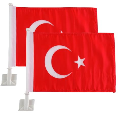 2 Stück Autoflaggen, Autoflagge, Türkei-Flagge für den Außenbereich mit Türken-Flagge und Autofahnenmast, Auto-Logo-Fensterclip kann an den meisten Fenstern befestigt werden, 35,6 cm Fahnenmast und