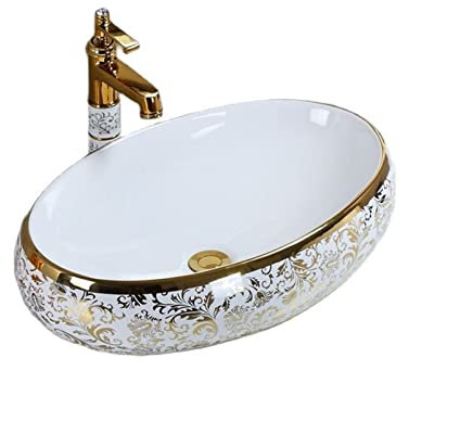 Waschbecken im europäischen Stil, ovales Keramik-Waschbecken über der Theke, luxuriöses goldenes Porzellan-Aufsatzbecken, Toilette, Waschtisch, Kunstwaschbecken (Farbe: 60 x 40 cm)