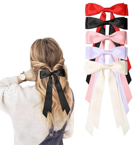 5PC Silky Satin Hair Bows Hair Clip Ribbon Ponytail Holder Accessories,Black Bow Hair Clip,Hair Bows for Girls Women(Black/Red/Purple/Pink/White)