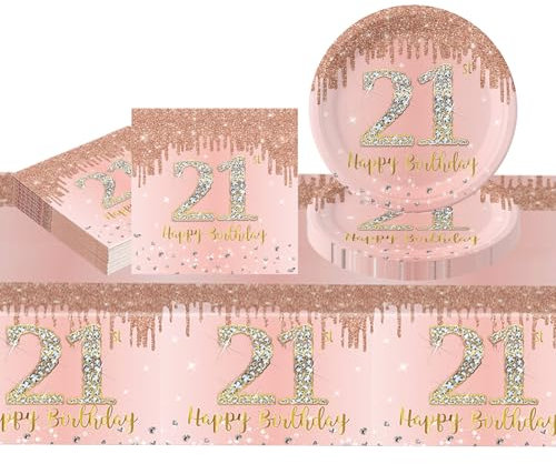 37Pcs Rose Gold 21st Birthday Party Tableware 16 Guests, Happy 21st Birthday Rose Gold Party Paper Plates Tablecloth and Napkins Tableware Set for Women Her Birthday Gifts Party Supplies Table Decors