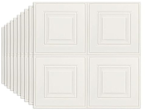 Snewvie White 10 PCS 3D Wood Wall Panels 70X70cm Peel and Stick Brick Wallpaper Removable Wallpaper 3D Tile Wood Panels Wall Sticker Self-Adhesive Waterproof PE Foam