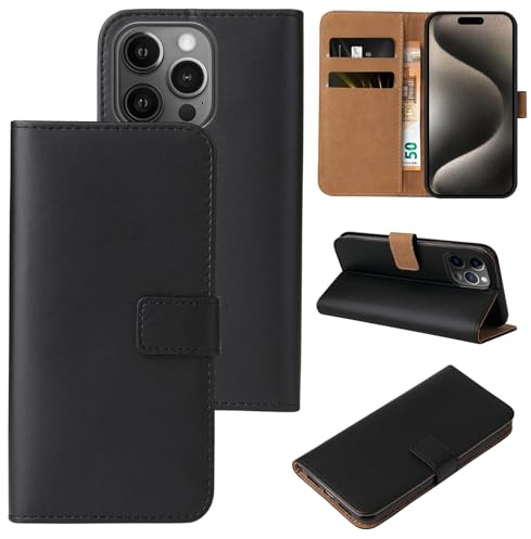LBH Handyhülle für Apple iPhone 15 Pro mit Karten- und Geldfach Smartphone Hülle mit Standfunktion Flip Case Wallet Schutzhülle Magnetverschluss Schwarz
