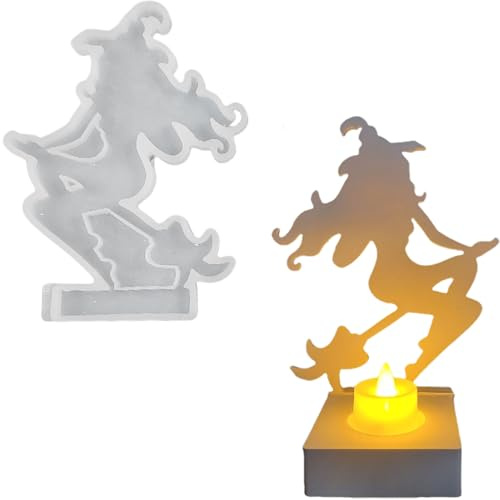 Silikonform Halloween Kerzenhalter, Silikonformen Gießformen Halloween, Silikon Gießform Kerzenhalter Einsatz und Sockel Kombiniert, Gipsformen zum Gießen (Einsatz - Hexe) S0081R