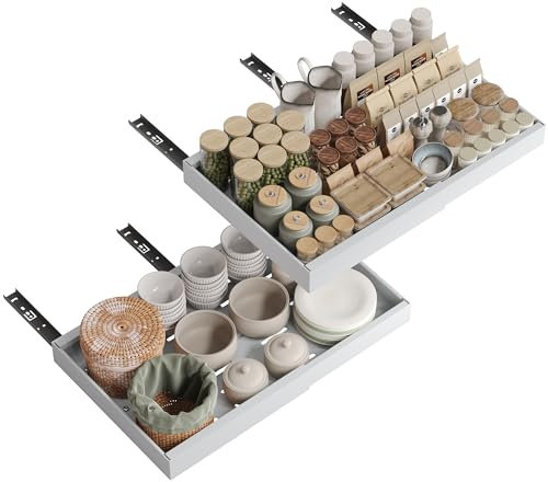 NETEL Lot de 2 tiroirs télescopiques extensibles - Largeur réglable de 43,5 à 68 cm - Pour armoires de cuisine - Avec film adhésif - Pas de perçage - Blanc