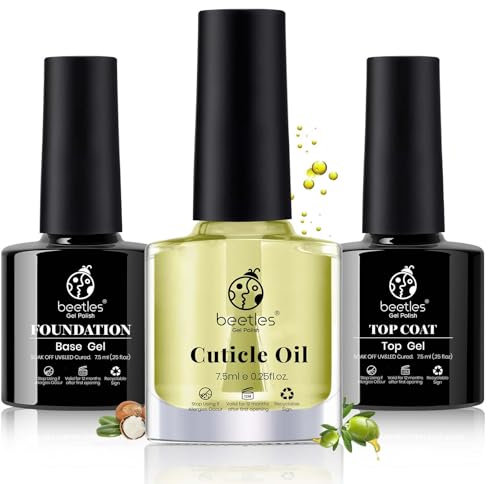 beetles 3pcs 7.5ml Gel Top Coat Base Coat & Cuticle Oil Set, No Wipe Top Gel Glossy Shine Long Lasting, Cuticle Protectors Kit Oil Care for Dry, Damaged Cuticles, Stronger Nails-TBC006-RE