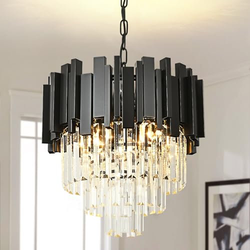 AOOCHOK Modern Kristall Kronleuchter Schwarz Pendelleuchte, Klein Kristall Hängeleuchte, Häengelampe für Korridor, Balkon, Veranda, Restaurant, Türöffnung, E27 x 3, D40 cm
