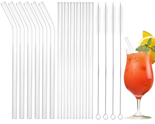 Aselected 12 Pcs Glass Straws, 21 x 10 cm Glasses Straw Reusable 6 Straight and 6 Curved, Clear Straws Glasses with 4 Cleaning Brush, Glass Drinking Straws for Bubble Tea Cocktail Juices Slush