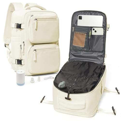 suradar Sac a Dos sous Vide Voyage Cabine Avion avec Pompe, Bagage Sac a Dos Ryanair Cabine 40x20x25 Compression Cous Vide Sacs à Dos Ordinateur Portable 14 Pouces Homme Femme Beige