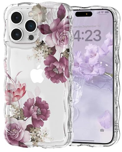 Micoden Cute Curly Wave Case for iPhone 14 Pro Max,Clear with Anti-Yellowing Flower Floral,Soft TPU Slim Bumper Shockproof Anti-Scratch Protective Wavy Cover for Girls Women-Purple
