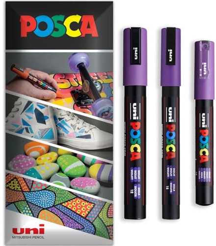 Posca - Pennarello indelebile a base d'acqua – uso multi superficie – PC-1M, PC-3M, PC-5M – Confezione da 3 penne in astuccio (Viola)