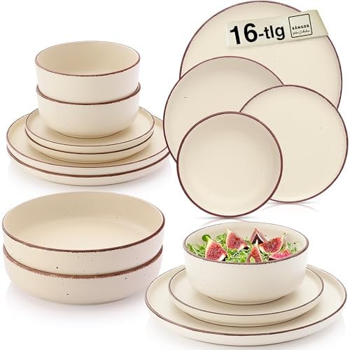 SÄNGER Bombay Beach | Geschirrset 16 teilig, Steingut Geschirr 4 Personen, 4x Speiseteller 4x Dessertteller 4x Schalen 4x Pastateller, Teller Set modern | VALUE COLLECTION