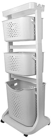 Wäschekorb 3 Fächer mit Rollen – Mehrstöckiger Wäschekorbwagen Kunststoff – Wäschesammler & Wäschebox – Laundry Basket mit Aufbewahrung – Kunststoffkorb hellgrau für Bad & Haushalt (Hellgrau)