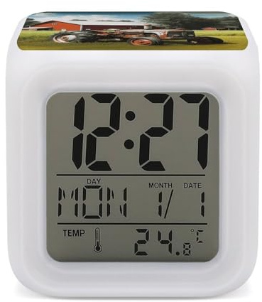 FZQVSGW Company Réveil tracteur agricole avec affichage LED pour chambre à coucher, alarmes numériques intelligentes avec veilleuse 7 couleurs, petite horloge veilleuse pour les dormeurs lourds