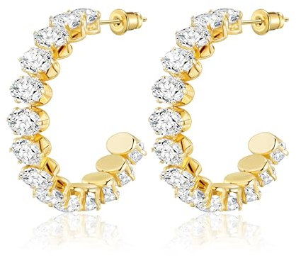 Linawe Creolen Gold Groß Ohrhänger, Ohrschmuck Edelstahl Ohrringe Damen Creolen Vergoldet, Statement Modeschmuck, Goldene Ohrringe mit Stein