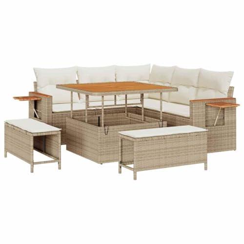 vidaXL 8-teiliges Garten-Sofa-Set mit Kissen in Beige aus Poly-Rattan und Akazienholz. Bequeme Sitzgelegenheit für 6 Personen auf der Terrasse. Modernes, modulares Patio-Lounge-Set.