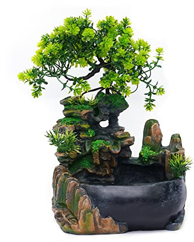 Zimmerbrunnen mit Wasserfall, 28cm Tischbrunnen Indoor mit LED Beleuchtung, Moderner Tischspringbrunnen für Wohnzimmer & Büro, Schwarz/Grün