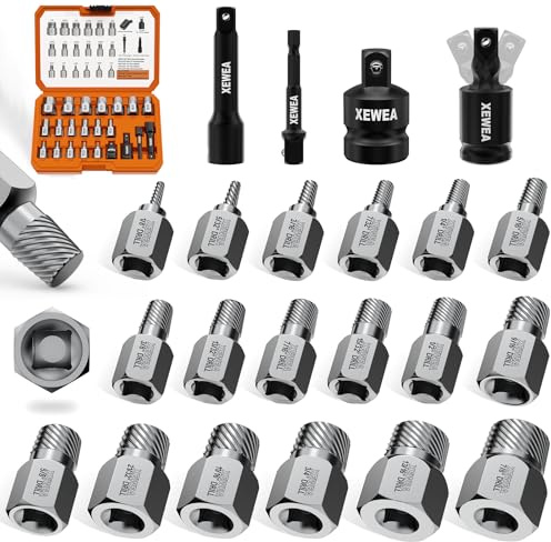 XEWEA Schraubenausdreher-Set mit 3/8-Zoll-Antrieb, Multi-Spline, leicht zu entfernen, für abisolierte gebrochene Schrauben, Muttern und Schrauben, robuste CR-MO-Extraktionswerkzeuge mit Verlängerung