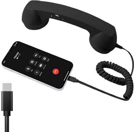 TIMIFUN Retro-Telefonhörer im Stil eines Festnetztelefons mit USB-C-Anschluss, Vintage-Handtelefon mit Mikrofon, tragbar und stylisch für Mobiltelefone, Smartphones, Laptops (Black, Type C)