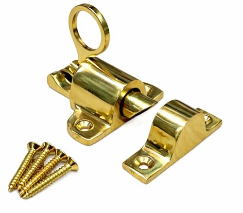 Polished Brass Fanlight Window Catch 65mm Spring Loaded Pull Ring Latch for Skylight, Cabinet & Wardrobe – Security Window Fastener (1 Pack)