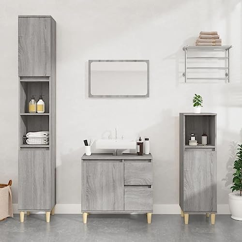 ChicAbode 3-TLG. Badmöbel-Set Grau Sonoma Holzwerkstoff,Badschrank mit Holzbeinen, Badezimmer Unterschrank Hochschrank Midischrank, Badezimmermöbel
