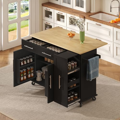 vutizal Îlot de cuisine avec tiroir à 3 niveaux, plateau pliant, noir, 120 x 40 x 90 cm, MDF, moderne, 51,5 kg